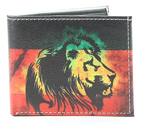 Li Men's Print Vegan Leather Bifold Wallet with Matching Gift Box | Slim Bifold Wallets for Men | 2 ID Windows & 7 Card Holders (Rasta Lion)