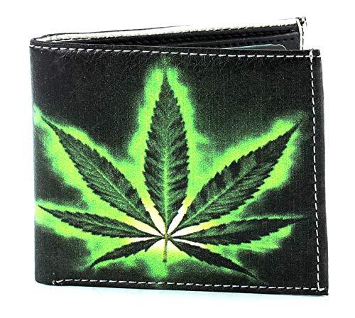 Li Men's Print Vegan Leather Bifold Wallet with Matching Gift Box | Slim Bifold Wallets for Men | 2 ID Windows & 7 Card Holders (Marijuana Leaf)